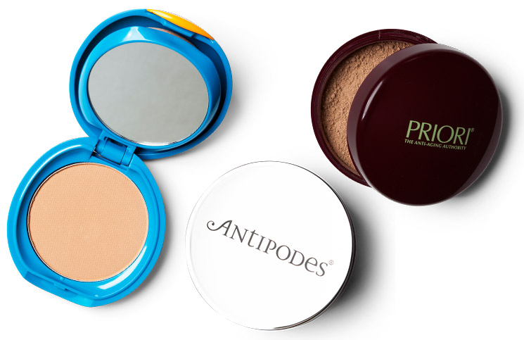Shiseido UV Protective Compact Foundation Case: case, $15.50, refill, $56; Antipodes Performance Plus Mineral Foundation with SPF15, $47; and Priori Natureceuticals CoffeeBerry Perfecting Foundations SPF15, $79.