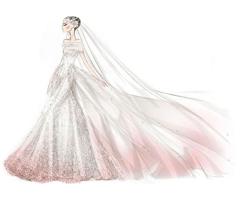 Sketch of Anne Hathaway's wedding dress by Valentino