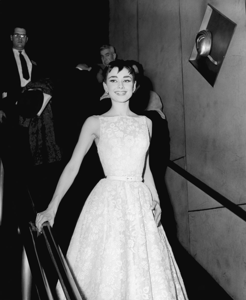 Audrey wears a Givenchy gown at the 26th Annual Academy Awards, 1954. She took home the Best Actress Oscar for Roman Holiday.