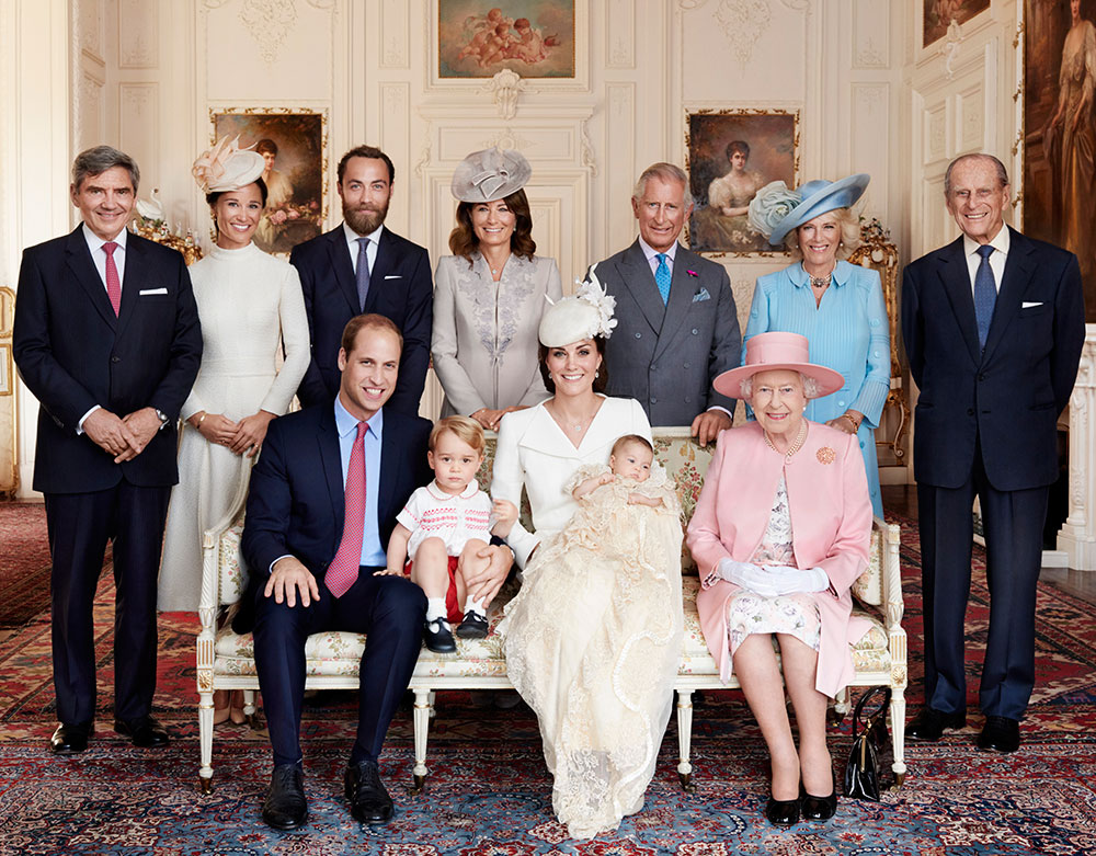 The official portrait of the two families at Princess Charlotte's christening by Mario Testino