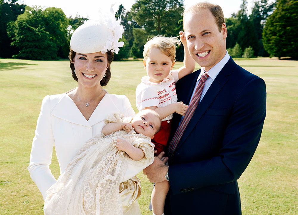 The Duke and Duchess of Cambridge with Prince George and Princess Charlotte at Princess Charlotte's christening by Mario Testino