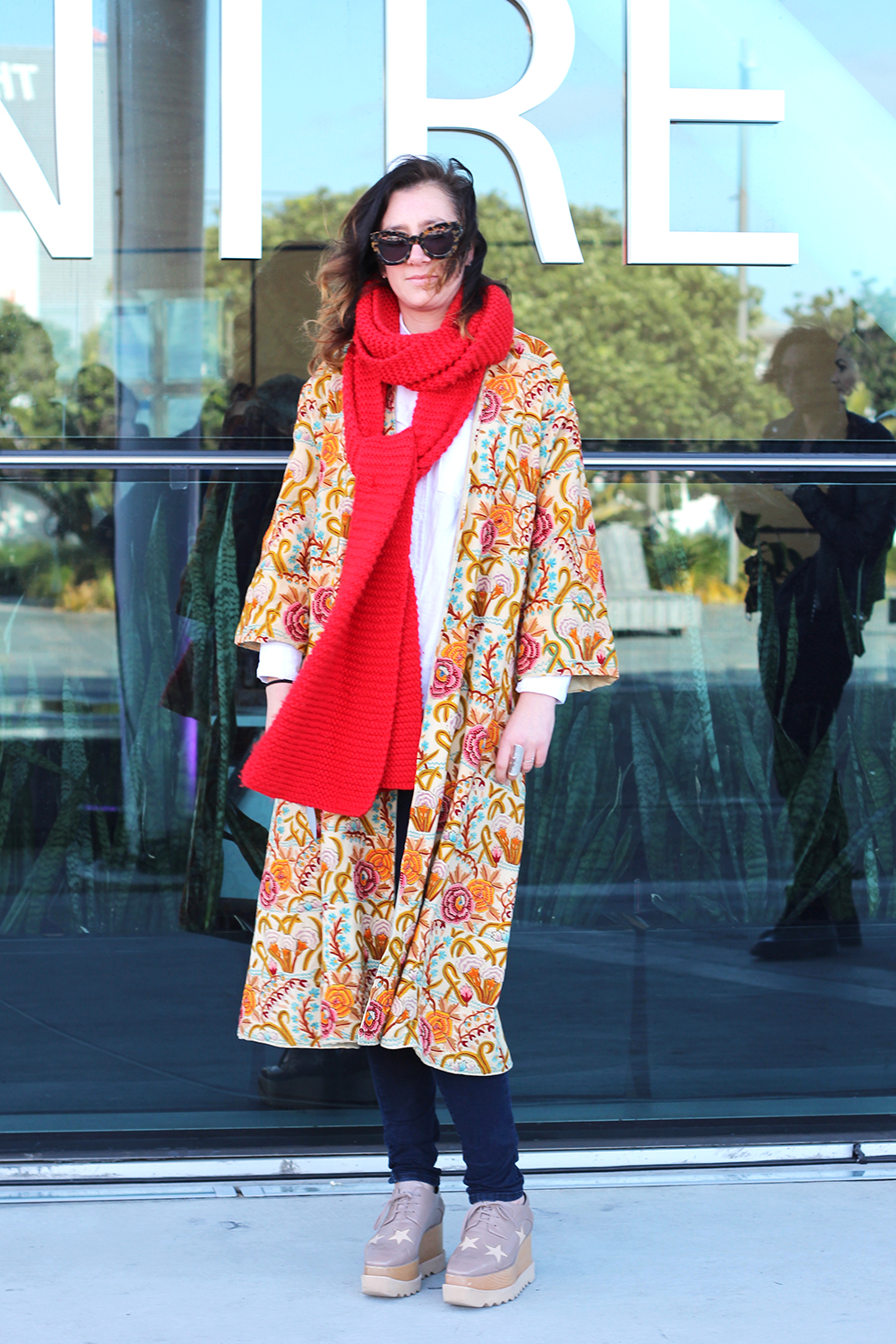 Libby wears vintage coat, vintage scarf, Lee jeans and Stella McCartney shoes.