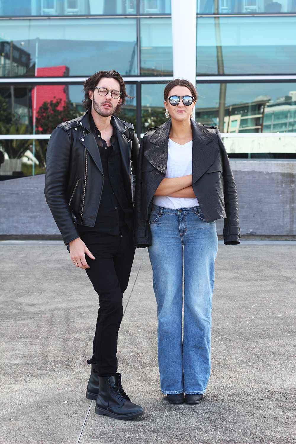 Marcel wears Neuw Denim jacket, Zambesi shirt, Topman jeans, Doc Marten boots and Pandora ring. Tyla wears Camilla and Marc jacket, Neuw Denim jeans, and Karen Walker sunglasses.