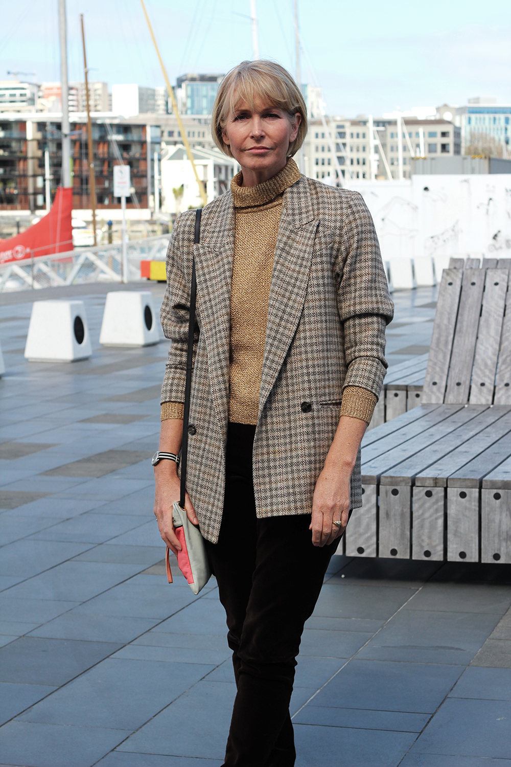 Amanda wears Daniel Hechter jacket, vintage top, Liz Mitchell pants, ASOS bag.