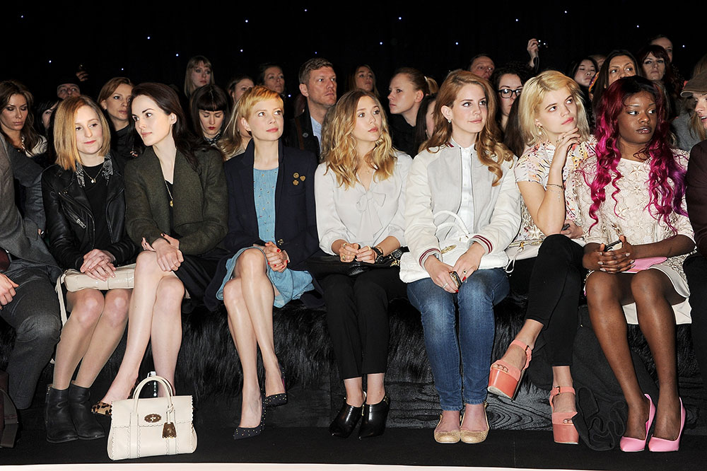 Laura Carmichael, Michelle Dockery, Michelle Williams, Elizabeth Olsen, Lana Del Rey, Pixie Geldof and Azealia Banks attend the Mulberry show as part of London Fashion Week 2012. Photo / Getty Images
