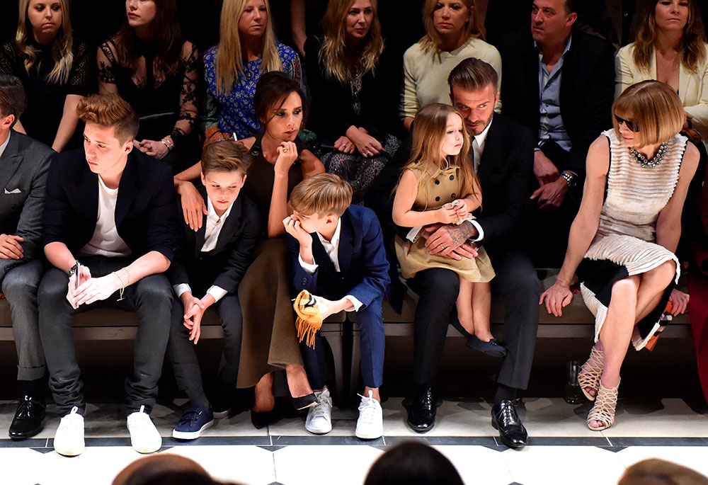 Brooklyn Beckham, Cruz Beckham, Victoria Beckham, Romeo Beckham, Harper Beckham, David Beckham and editor-in-chief of American Vogue Anna Wintour attend the Burberry 'London in Los Angeles' event at Griffith Observatory in Los Angeles in 2015. Photo / Getty Images
