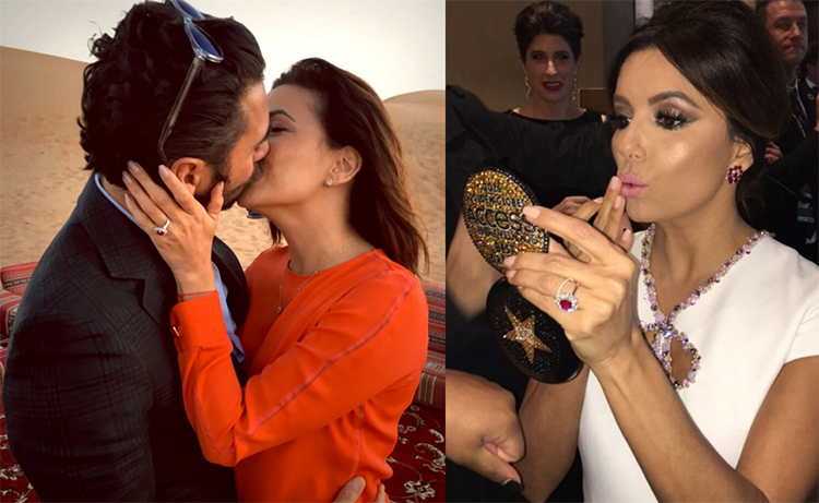 Eva Longoria became engaged to Jose Antonio Bastonin Dubai, captioning this Instagram image 'Ummmm so this happened....#Engaged #Dubai #Happiness'. The ruby and diamond ring was on display at the Golden Globes earlier this month. Photos / Instagram