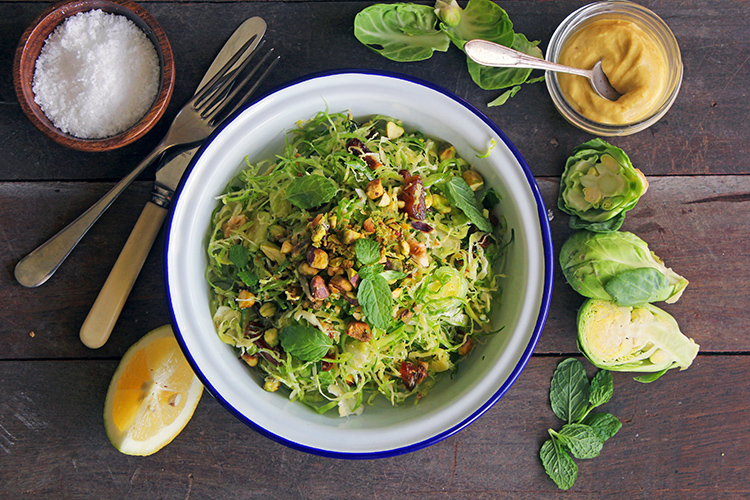 Lemony Brussels Sprouts Salad with Dates, Pistachios & Mint