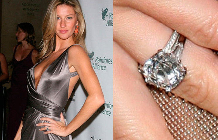 Gisele Bundchen's brilliant solitaire four-carat diamond engagement ring was presented to her by husband Tom Brady in January 2009. Photo / Getty Images