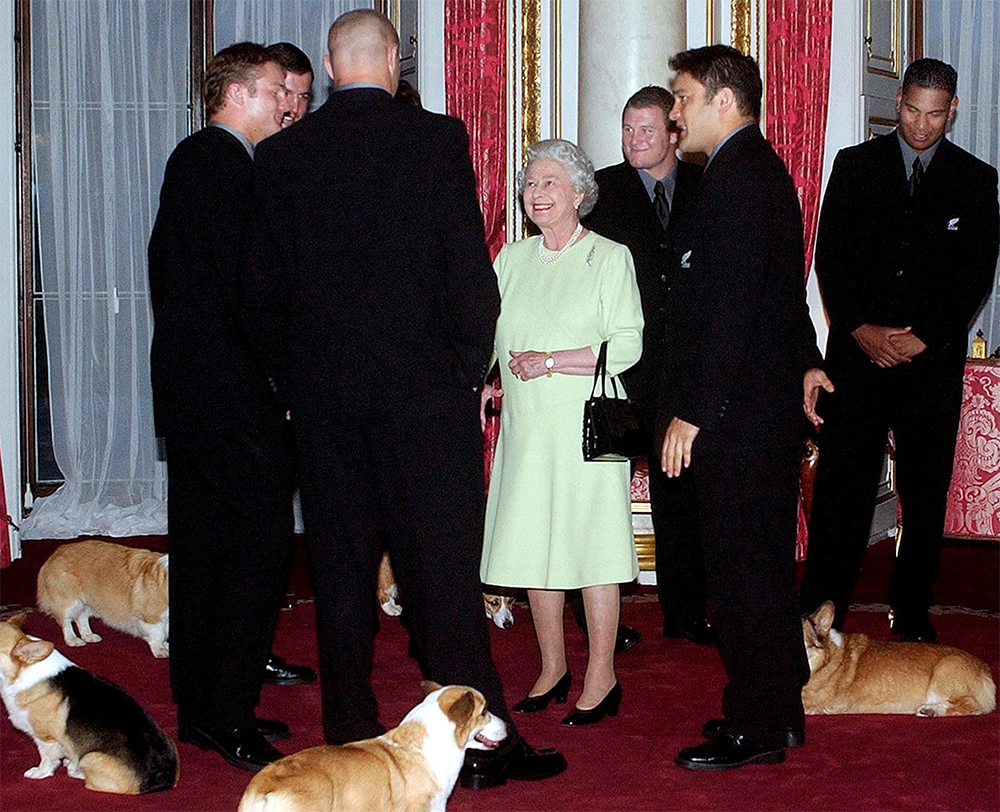 Wearing bright lime, Queen Elizabeth II ensures she is the centre of attention while meeting the All Blacks rugby team, including then-captain Taine Randall, at Buckingham Palace in November 2002. Photo / Getty Images