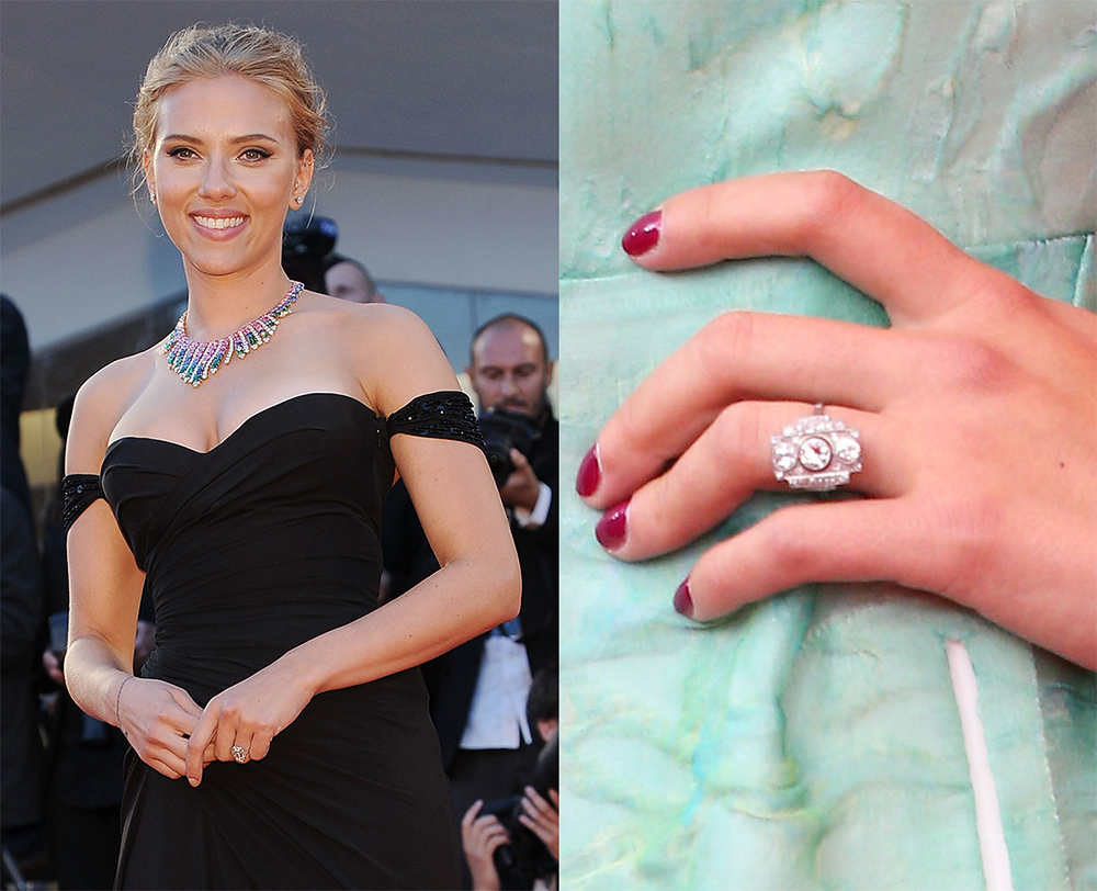 Scarlett Johansson's unique Art Deco engagement ring features three round diamonds. She married Romain Dauriac in 2014. Photo / Getty Images