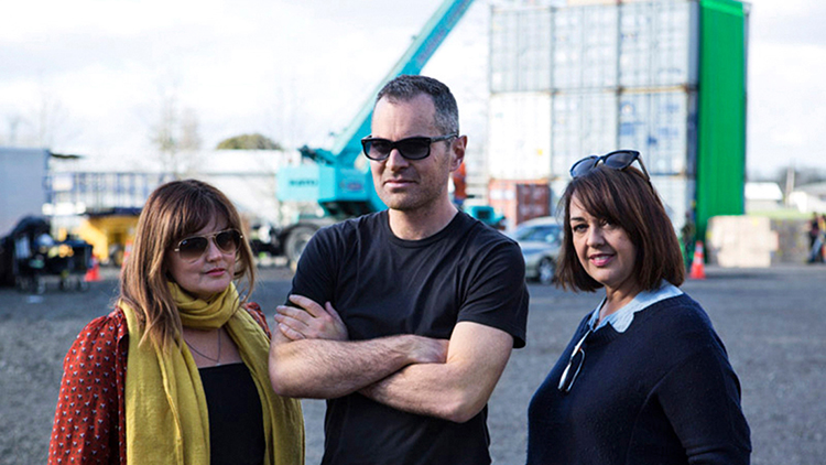  Gabrielle and Dianne with director Toa Fraser on the 6 Days set