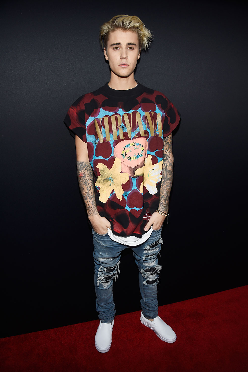 Justin Bieber pays homage to Nirvana in a t-shirt and distressed denim (meanwhile, Kurt Cobain is spinning in his grave).