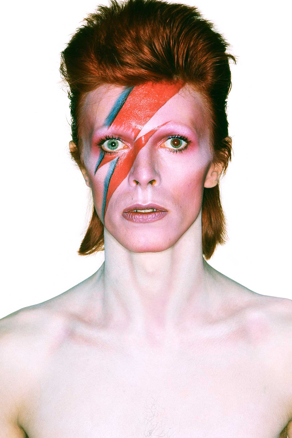 This iconic portrait by photographer Brian Duffy in 1973 was the album cover for Aladdin Sane.