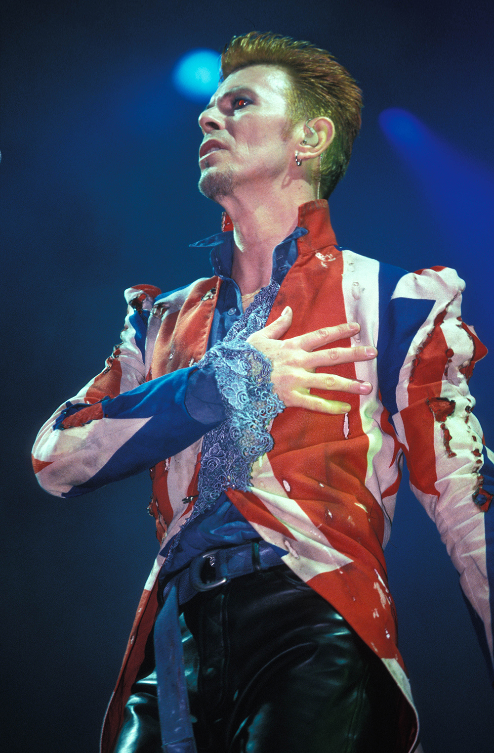 Bowie performing at a UK festival in 1996.