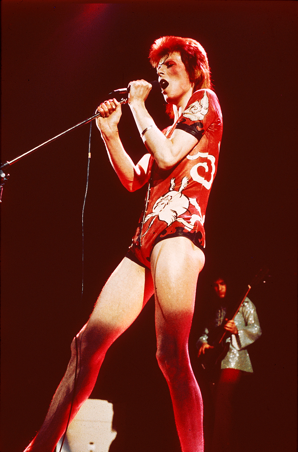 Performing as Ziggy Stardust at the Hammersmith Odeon in London in 1973.