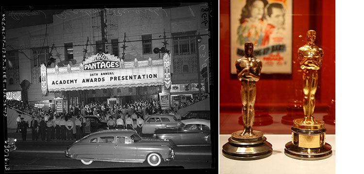 The 26th annual Academy Awards in 1954 (left) and the Oscar statue then and now.