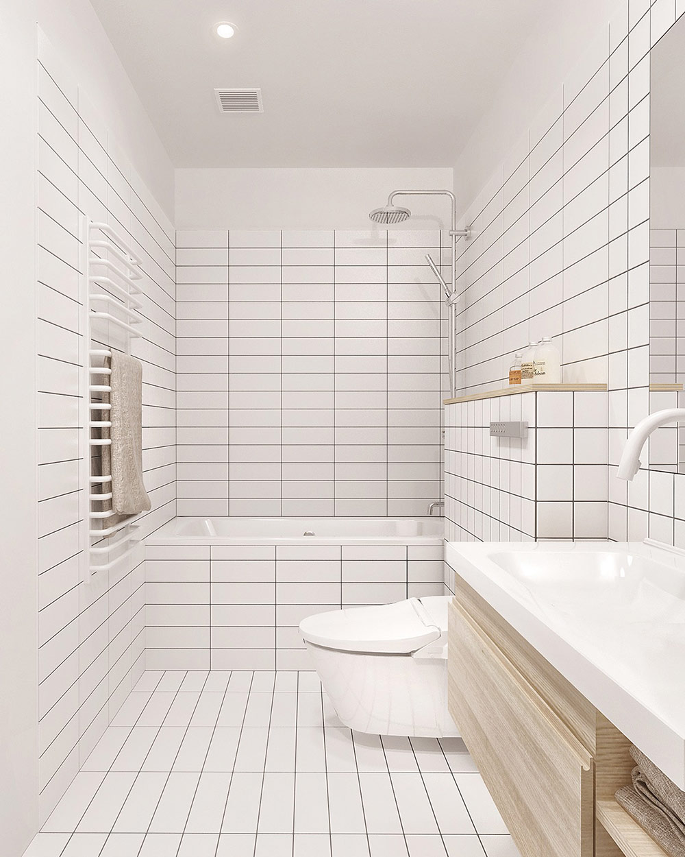 Bathroom with floor-to-ceiling white subway tiles