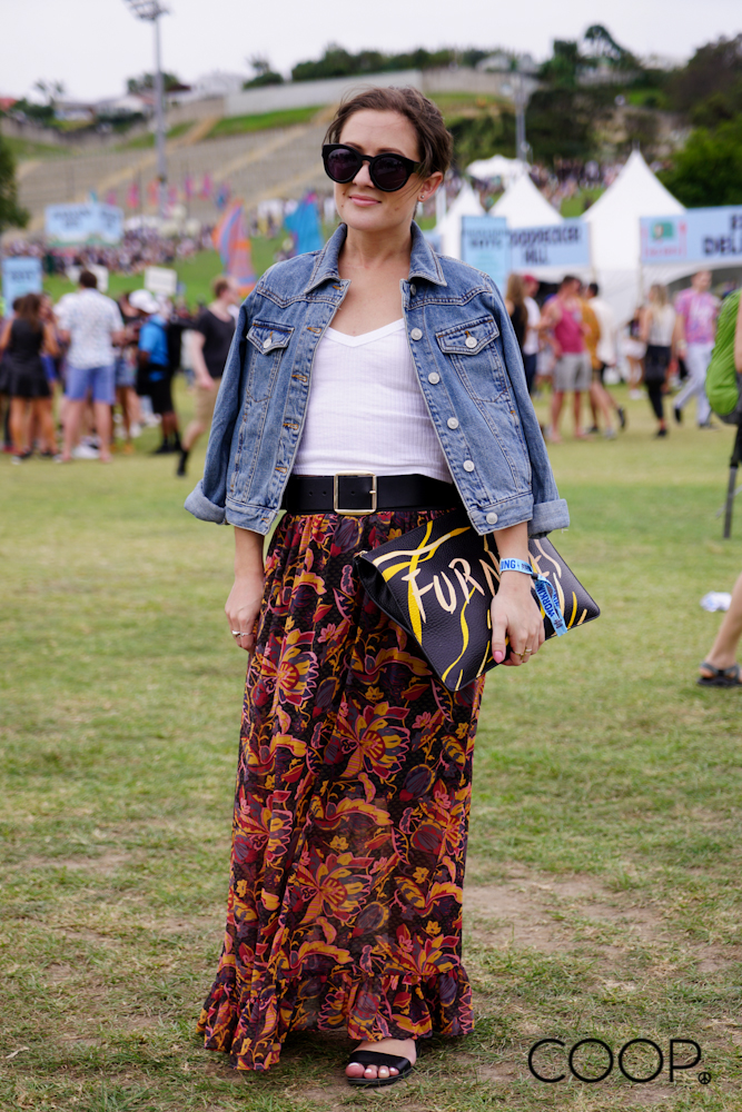 Phoebe wears Topshop jacket and cami, COOP skirt, Ruby belt and Deadly Ponies clutch.