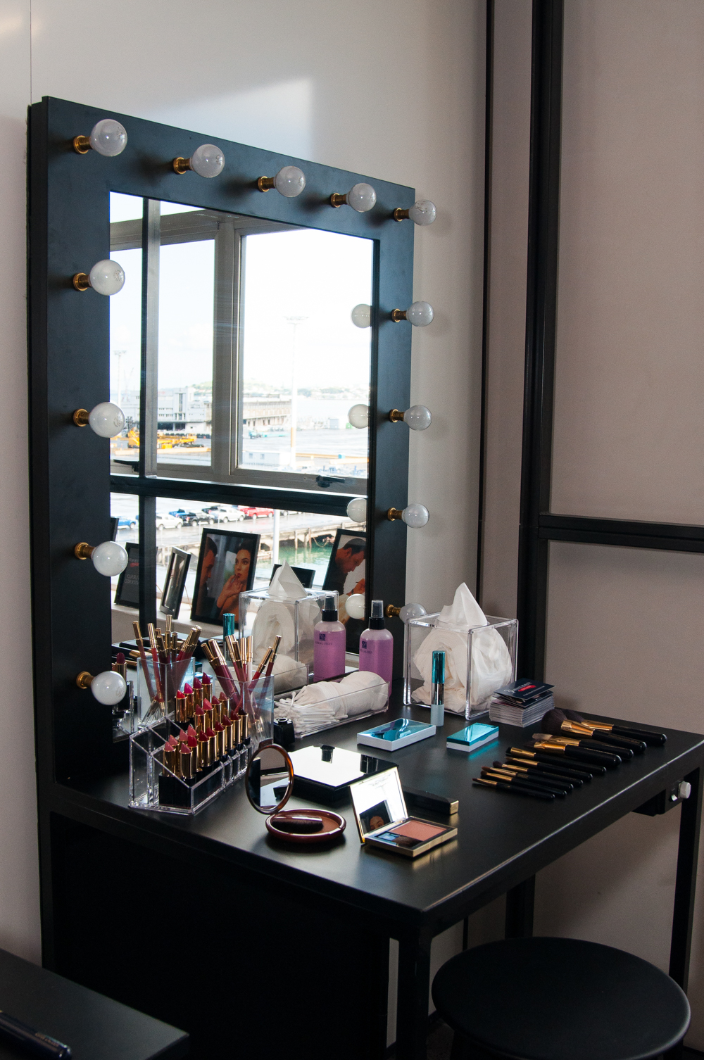 The Estée Lauder makeup stations prepped and ready.