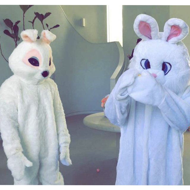 Kayne West and Tyga dressed up as Easter bunnies to surprise the youngest Kardashian children, much to North and Penelope's delight.