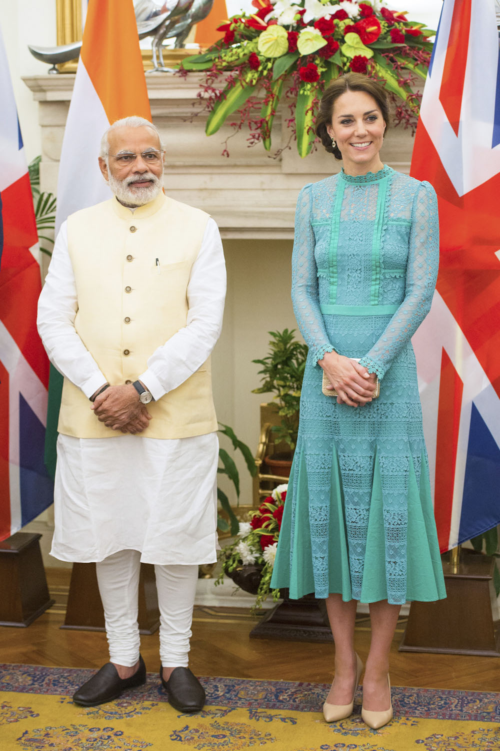 Kate chose to wear British designer Alice Temperely for a second time, wearing a green lace dress while meeting the Prime Minister Narendra Modi.