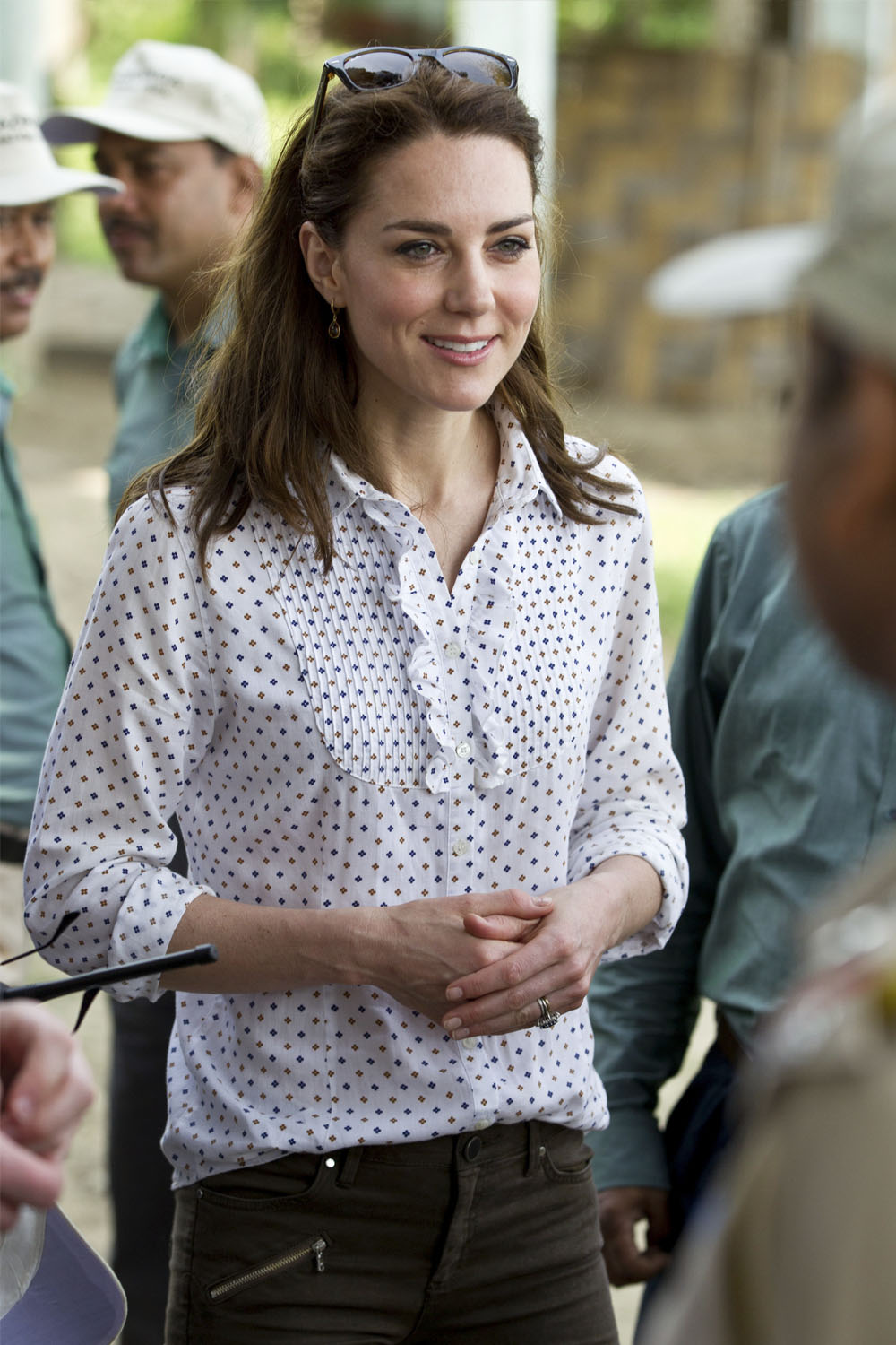The Duchess wore a polka-dot blouse and khaki Zara jeans on a Jeep safari at Kaziranga National Park.