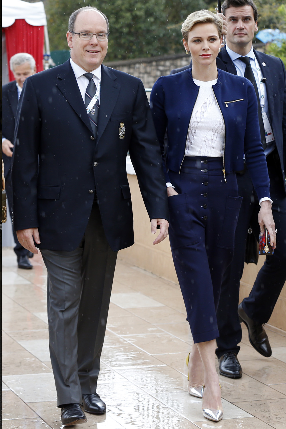 Princess Charlene of Monaco keeps things classic in a navy blue jacket and culottes at the Monte-Carlo ATP Masters Series Tournament.