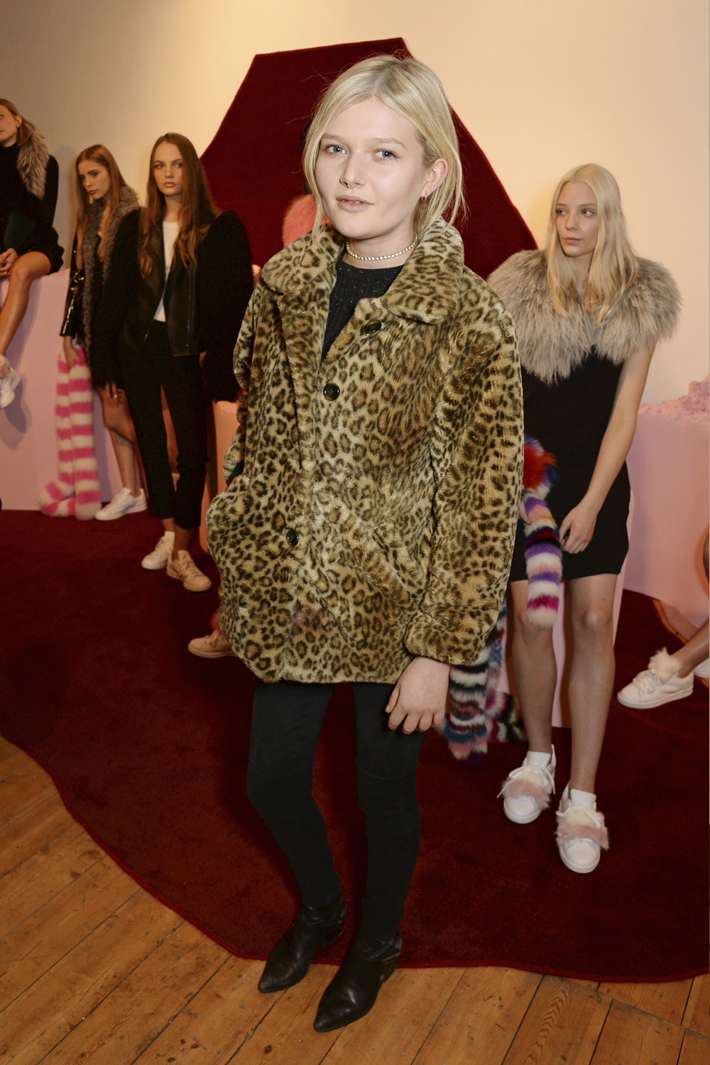 Channeling her inner Kate Moss in a leopard coat at the Charlotte Simone AW16 presentation at London Fashion Week.