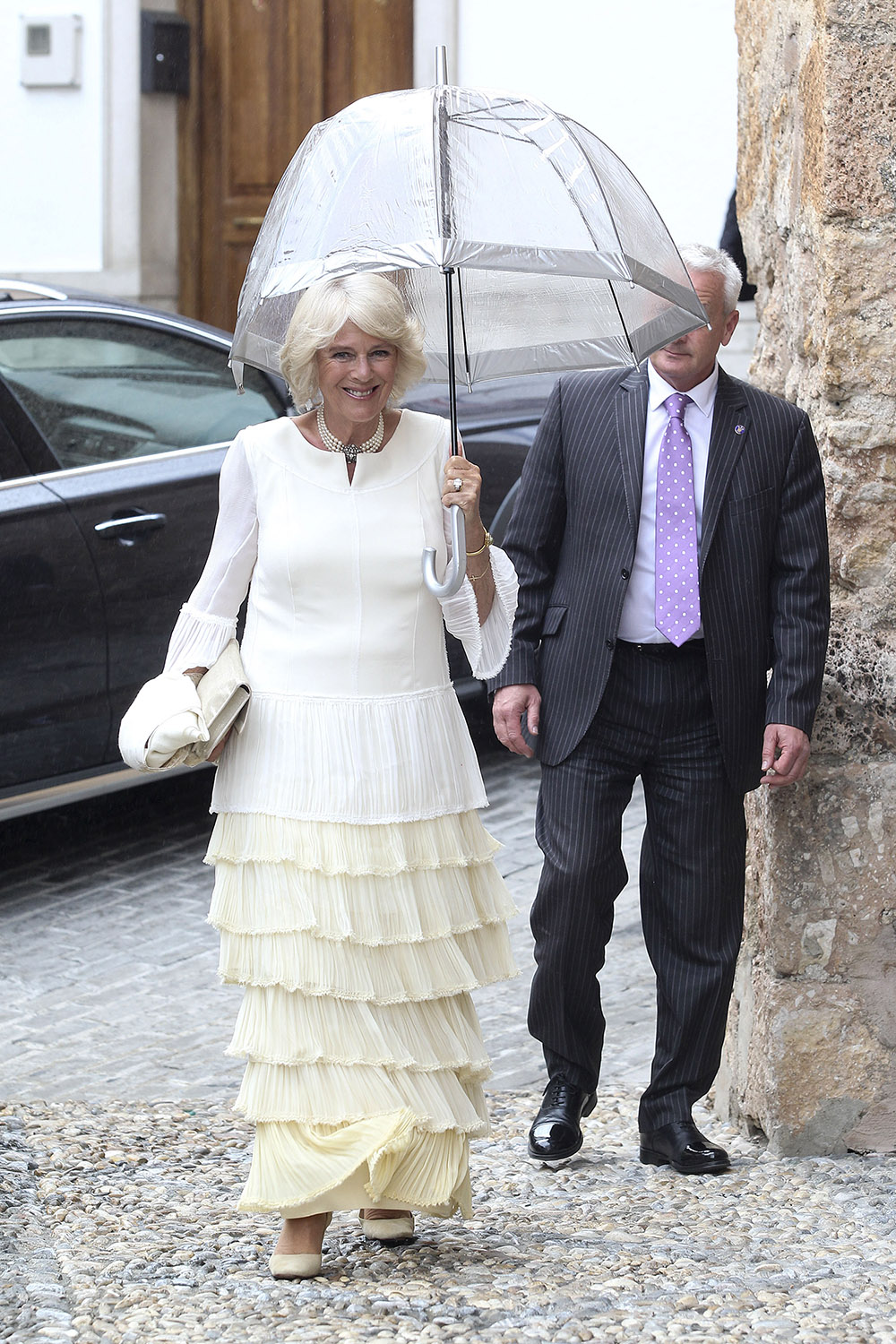 Camilla, The Duchess of Cornwall, attends the wedding of Lady Charlotte Wellesley and Alejandro Santo Domingo.