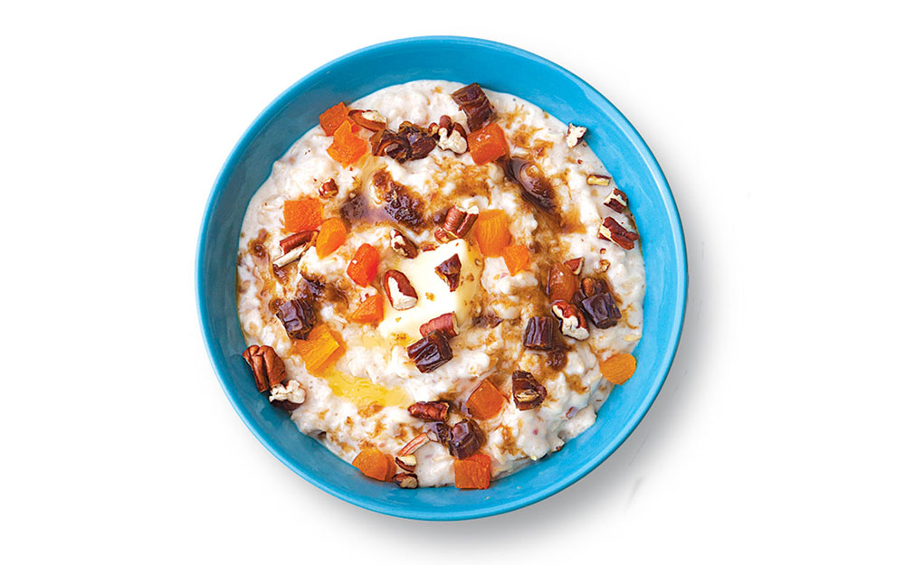Spiced buttermilk oatmeal with dried fruit and pecans