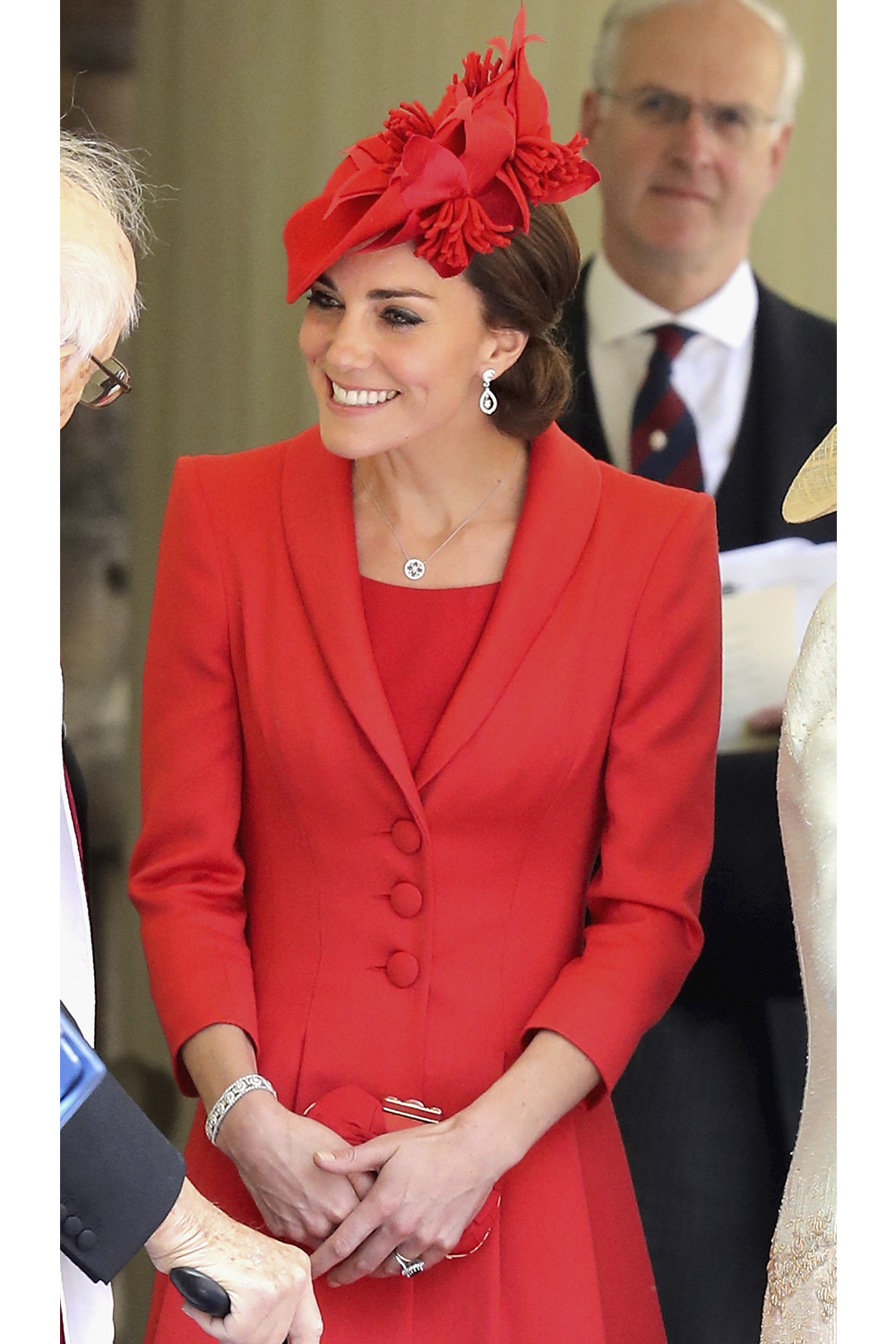 The Duchess of Cambridge in a red Catherine Walker coat at the Order of the Garter Service at Windsor Castle.