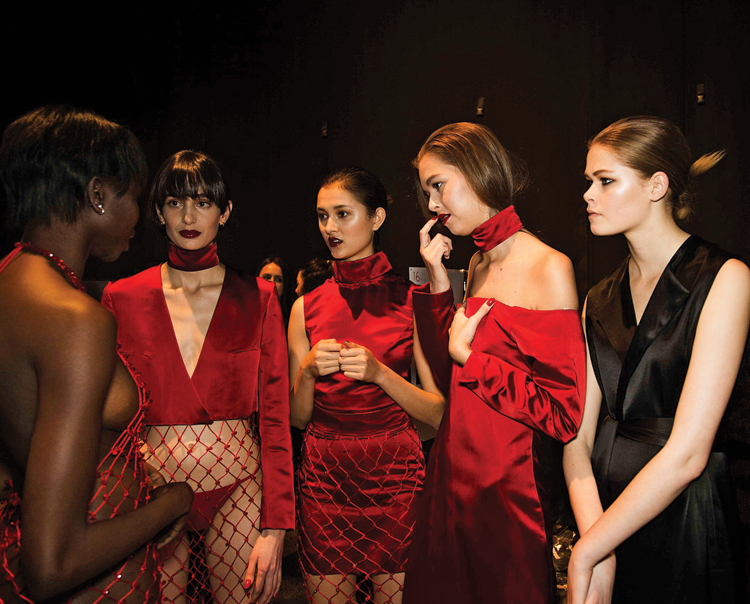 Models backstage at NZFW wear Sean Kelly’s SS16 collection.