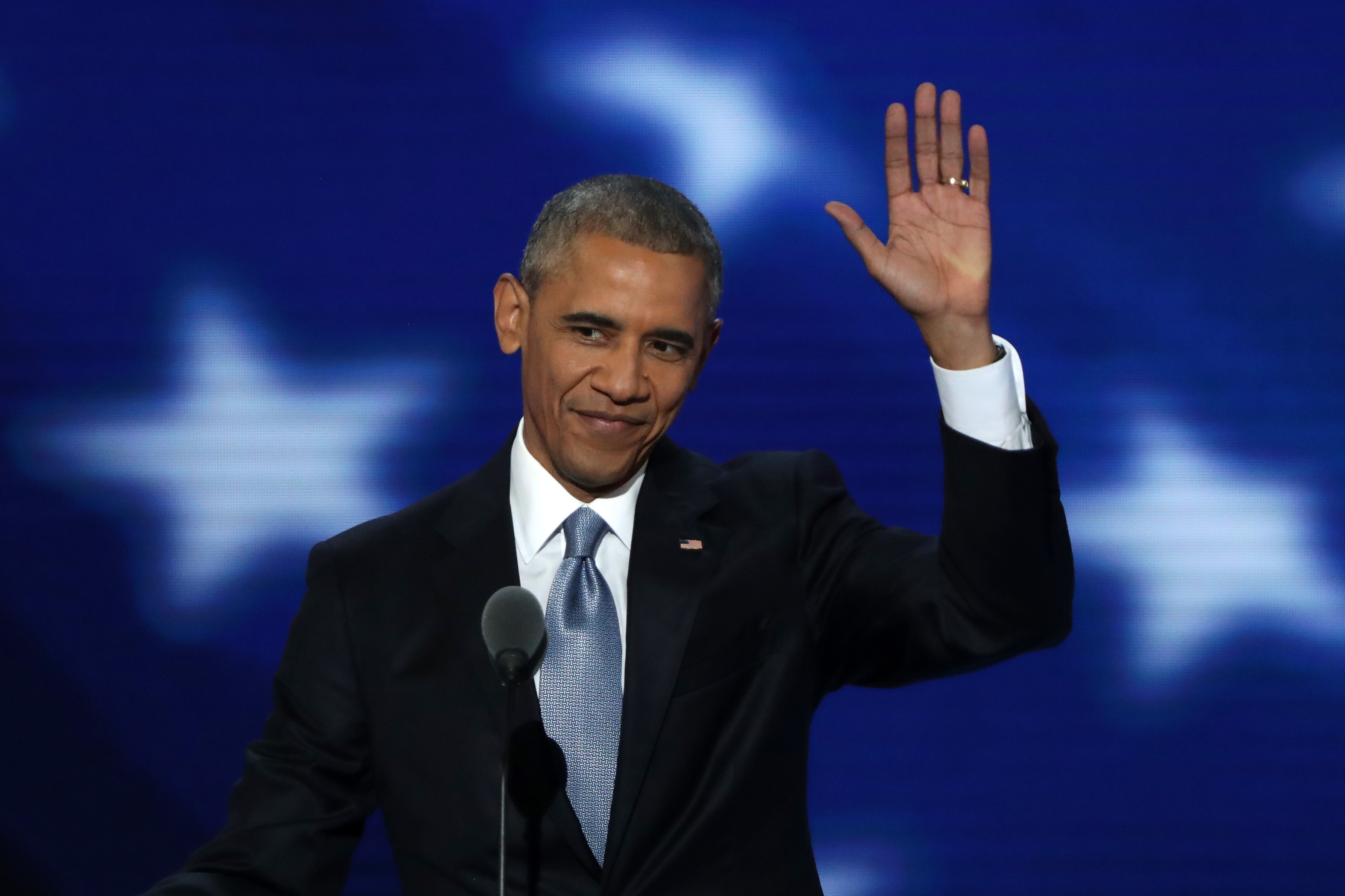 PHILADELPHIA, PA - JULY 27: US President Barack Obama acknowledges the crowd as he arrives on stage to deliver remarks on the third day of the Democratic National Convention at the Wells Fargo Center, July 27, 2016 in Philadelphia, Pennsylvania. Democratic presidential candidate Hillary Clinton received the number of votes needed to secure the party's nomination. An estimated 50,000 people are expected in Philadelphia, including hundreds of protesters and members of the media. The four-day Democratic National Convention kicked off July 25. (Photo by Alex Wong/Getty Images)