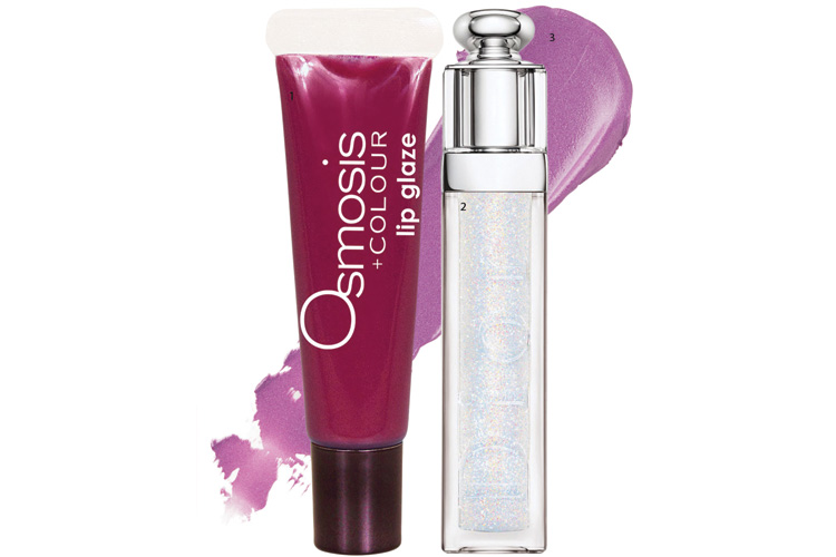 1. Osmosis Colour Lip Glaze in Desire, $49.50. 2. Dior Addict Ultra-Gloss in Tiara, $59. 3. RMS Lip Shine in Royal, $44, from Mecca Cosmetica.