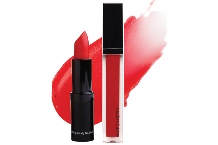 1. Karen Murrell Lipstick in Rymba Rhythm, $29.95. 2.Clinique Sweet Pots Sugar Scrub & Lip Balm in Red Velvet, $46 (available May 2). 3. Witchery Lip Gloss Wand in Scarlett, $18.90.