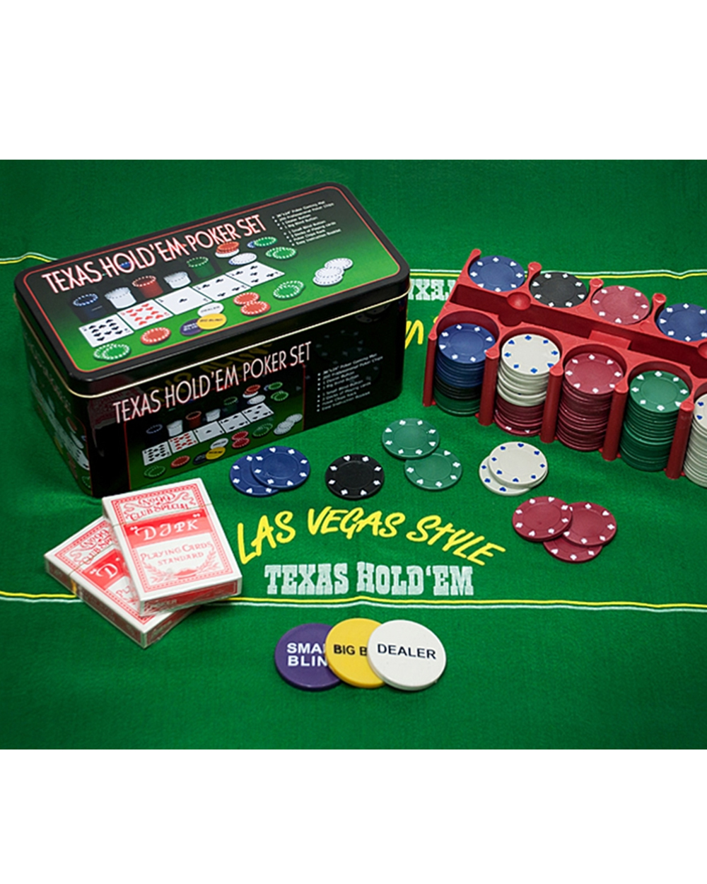 Texas Hold'em poker set, US$13.95, from Amazon. https://www.amazon.com/Texas-Hold-em-Poker-Set/dp/B00AQ7JBRA
