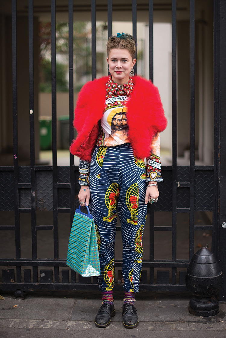 Celeste Galliot Dollet poses wearing Manish Arora after the Manish Arora show at the Comptoir General during Paris Fashion Week Womenswear SS17 on September 29, 2016.