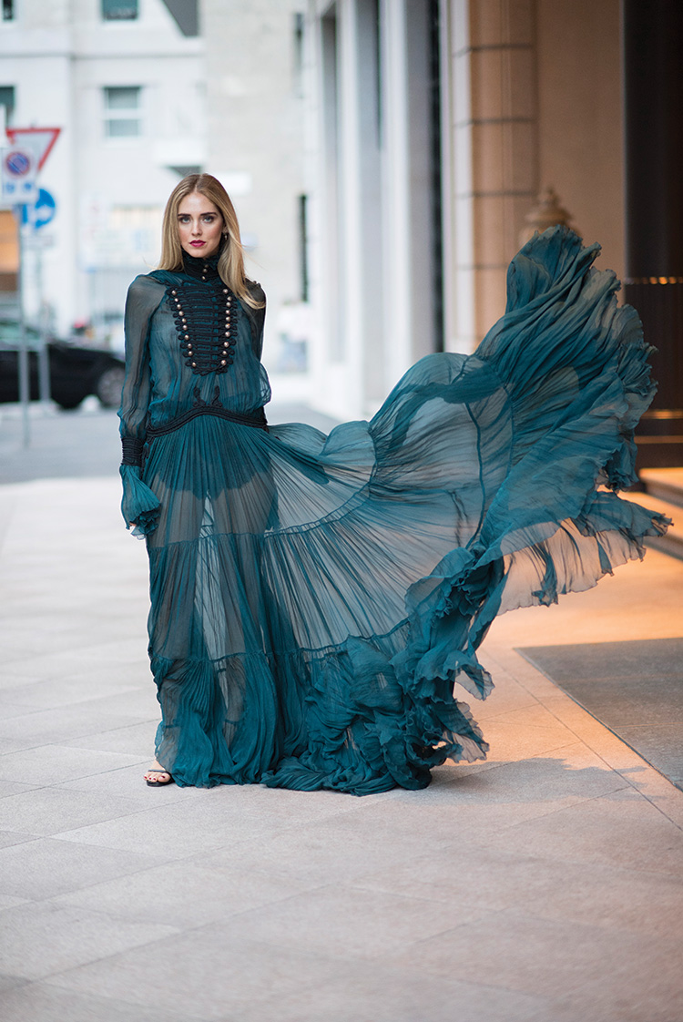 Chiara Ferragni is wearing a Roberto Cavalli dress seen during Milan Fashion Week SpringSummer 2017 on September 21 2016