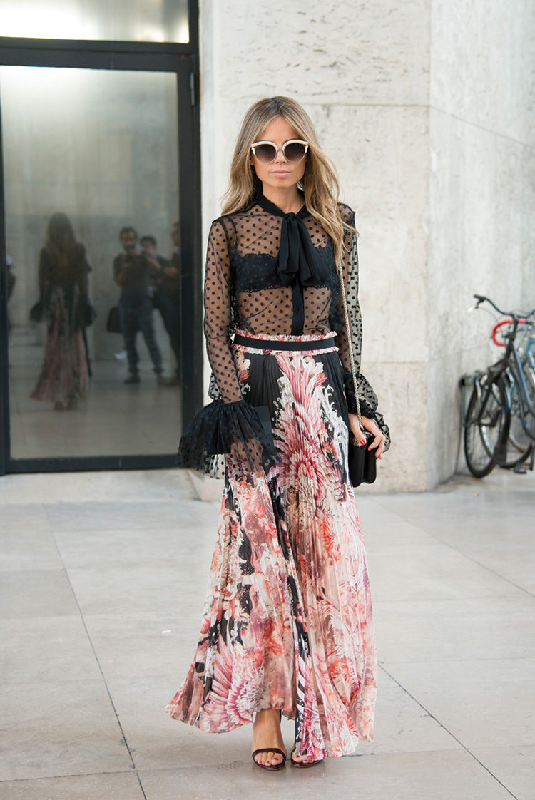 Fashion consultant Erica Pelosini wears a Roberto Cavalli top and skirt Jimmy Choo sunglasses Francesco Russo shoes and Valentino bag on day 2 of Paris Womens Fashion Week SpringSummer 2017 on Septemb 750x1122