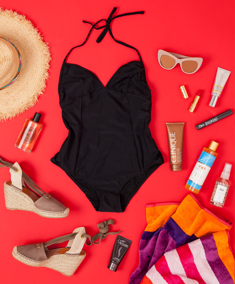 Seafolly hat, $65, from Hot Body, Swimsuit, $215, by Lonely, Stella McCartney sunglasses, $485, from Parker & Co., Elizabeth Arden Prevage City Smart, $110, Elizabeth Arden Ceramide Ultra Lipstick in Cherry Bomb, $52, The Brow Gal Water Resistant Clear Eyebrow Gel, $40, Clinique Self Sun Body Tinted Lotion, $45, R+Co Rockaway Salt Spay, $46, Pure Fiji Nourishing Exotic Oil in Coconut, $46, Towel, $90, by Seneca, Osmosis Protect Ultra Sheer Sunscreen SPF30, $72, DVF wedges, $590, from Runway Shoes, Diptyque Eau Moheli EDT 100ml, $160.