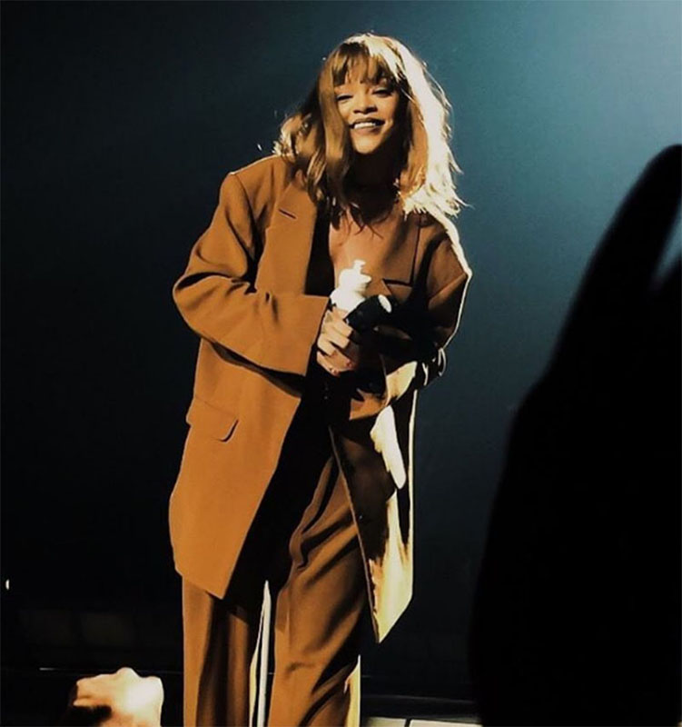 On the Anti-Tour, Rihanna rocked a large brown Y/Project suit (and Manolo Blahnik heels, of course).