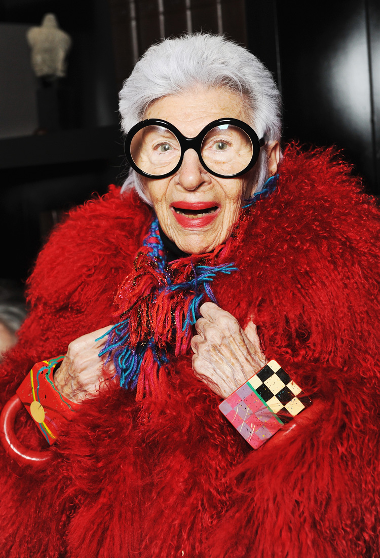Style icon Iris Apfel, known for teaming discount bangles with designer brands. 