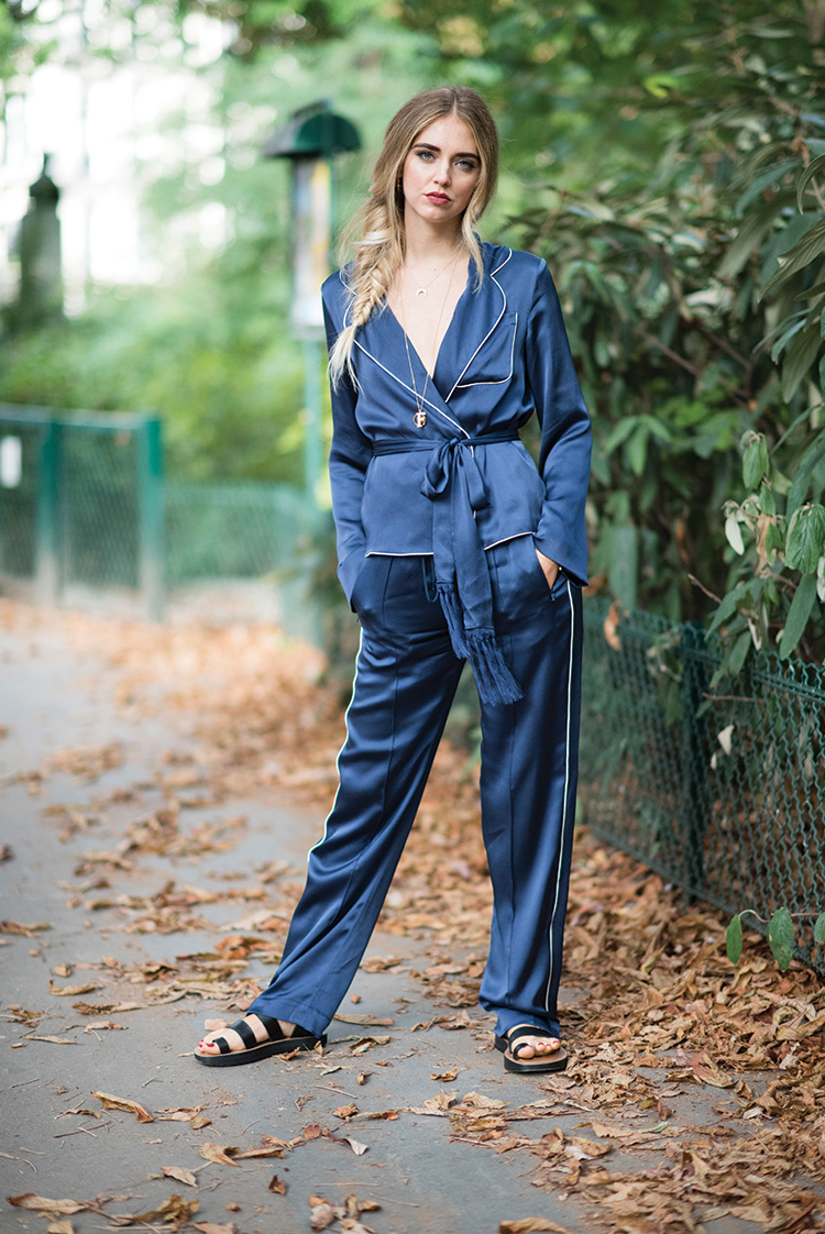 Chiara Ferragni is wearing Chloe pants and top and shoes from Celine in the streets of Paris before the Chloe show during Paris Fashion Week SpringSummer 2017 on September 29, 2016