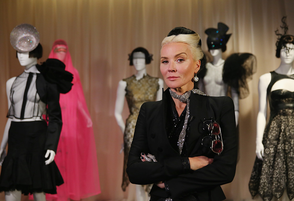 SYDNEY, AUSTRALIA - MAY 10: Daphne Guinness poses alongside designs during the launch of Daphne Isabella Blow: A Fashionable Life at Powerhouse Museum on May 10, 2016 in Sydney, Australia. (Photo by Don Arnold/WireImage)