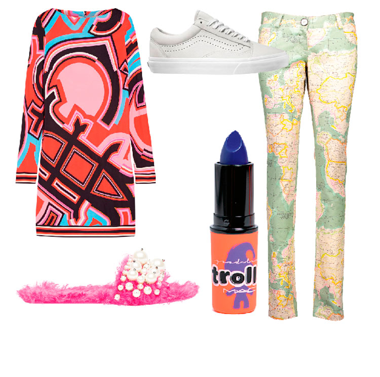 Slippers, $1,560, by Miu Miu. MAC lipstick in Midnight Troll, $44. Emilio Pucci dress, approx $1,065, from Net-a-Porter. Sneakers, $200, by Vans. Jeans, $349, by World.