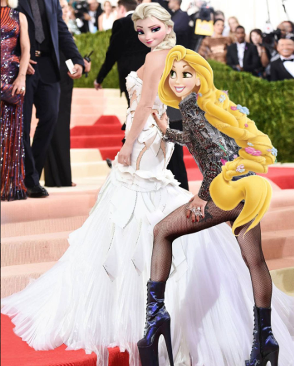 Elsa aka Kate Hudson and Rapunzel aka Lady Gaga ascend the Met Gala steps in Versace.
