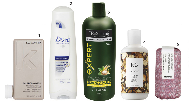 1. Kevin Murphy Balancing Wash, $45. 2. Dove Damage Therapy Intensive Repair Conditioner, $7.49. 3. Tresemmé Botanique Damage Recovery Shampoo, $14.49. 4. R+Co Jackpot Styling Cream, $42. 5. Davines More Inside Curl Building Serum, $44.