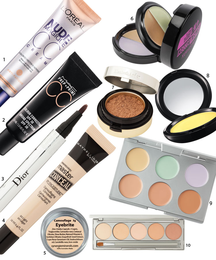 1. L’Oréal Paris Nude Magique CC Cream, $29.99. 2. MAC Prep + Prime CC Colour Correcting SPF30 in Adjust, $54. 3. Dior Flash Luminizer Radiance Booster Pen, $80. 4. Maybelline New York Face Studio Master Conceal, $19.99. 5. Synergie Eyebrite, $55. 6. Australis Colour Correcting 4-in-1 Compact, $16.90. 7. Elizabeth Arden Pure Finish Mineral Powder Foundation SPF20, $72. 8. MAC Prep + Prime CC Colour Correcting Compact in Neutralize, $54. 9. Innoxa Colour Correcting Palette, $29.99. 10. Colorescience Mineral Corrector Palette in Light to Medium, $82.80.