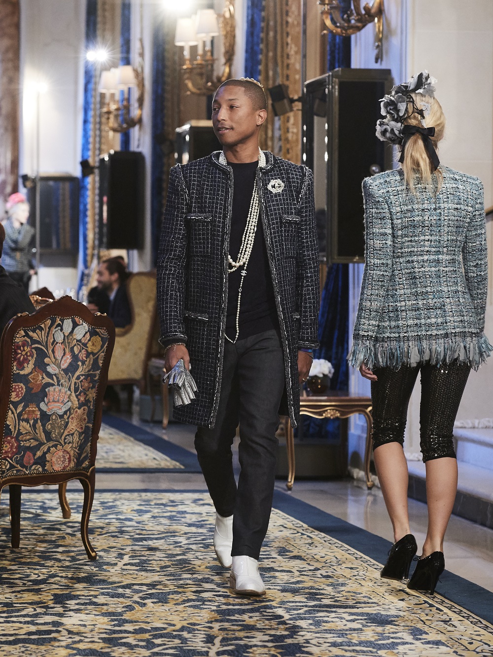 Pharrell Williams on the runway at Chanel's pre-fall 2017 collection at The Ritz